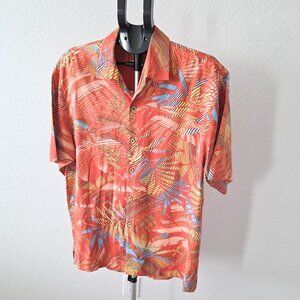 TOMMY BAHAMA MEN L 100% SILK TROPICAL PRINT IN ORANGE, YELLOW, BLUE SHORT SLEEVE